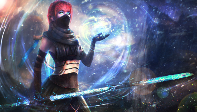 Обои картинки фото видео игры, guild wars 2, фон, девушка, меч, маска