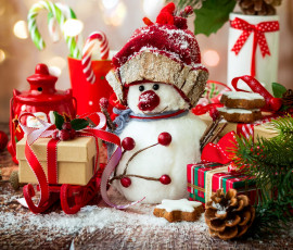 обоя праздничные, снеговики, подарки, снеговик, шишки, леденцы