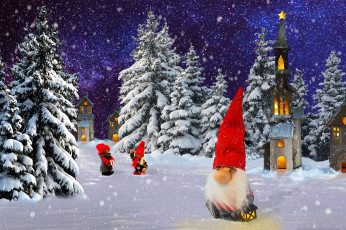 Картинка праздничные фигурки елки гномы снег