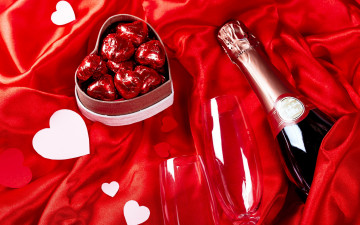 обоя праздничные, день святого валентина,  сердечки,  любовь, шампанское, конфеты, сердце