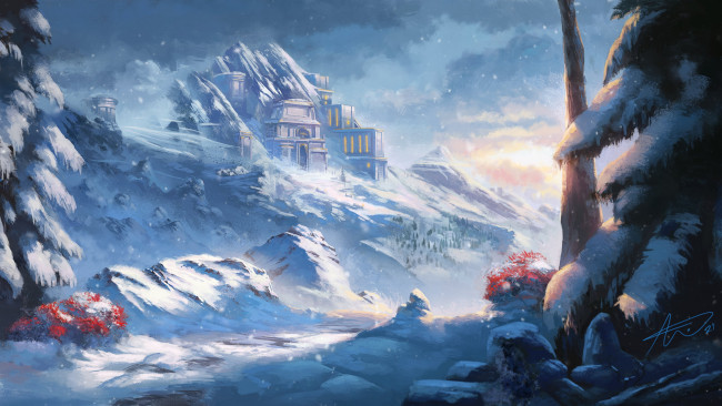 Обои картинки фото видео игры, world of warcraft, дворец, горы, зима, снег, деревья