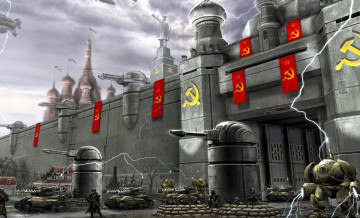 Картинка видео+игры command+&+conquer +red+alert+3 крепость оружие механизмы люди флаги