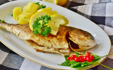 обоя еда, рыбные блюда,  с морепродуктами, жареная, рыба, лимон, смородина, красная, петрушка