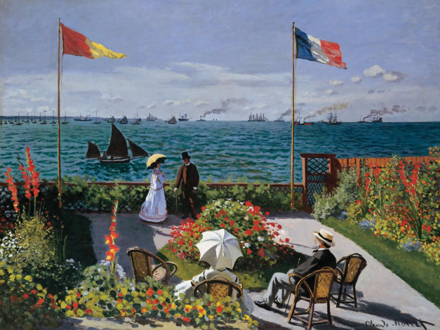 Обои картинки фото monet, claude, terrace, at, sainte, adresse, рисованные