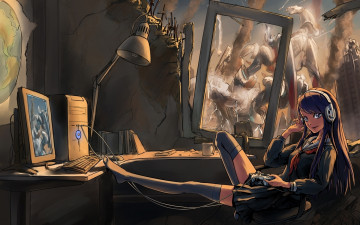 Картинка аниме weapon blood technology разрушение окно стул пульт комп лампа нашники стена робот девушка