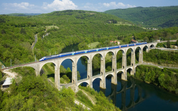 обоя города, мосты, лес, cize-bolozon, viaduct, река, поезд, франция, мост