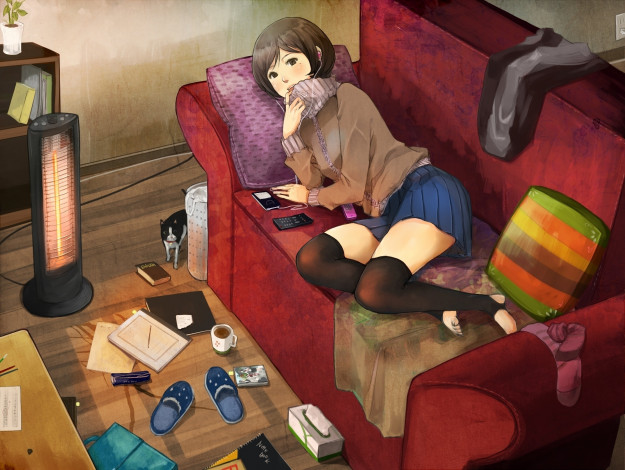 Обои картинки фото аниме, *unknown, другое, девушка, shigureteki, комната, диван, отдых