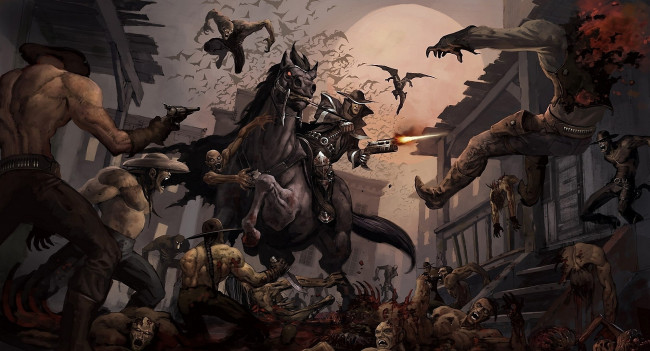 Обои картинки фото видео, игры, darkwatch, curse, of, the, west, конь, город, всадник, зомби