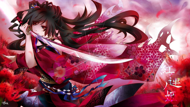 Обои картинки фото аниме, weapon, blood, technology, девушка, иероглифы, кимоно, катана, меч