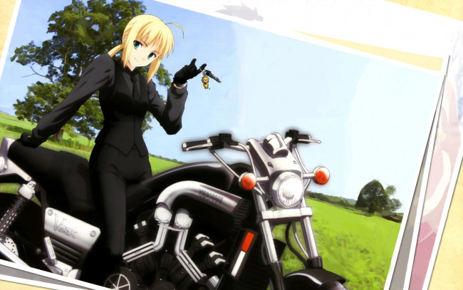 Обои картинки фото аниме, fate, zero, девушка, мотоцикл