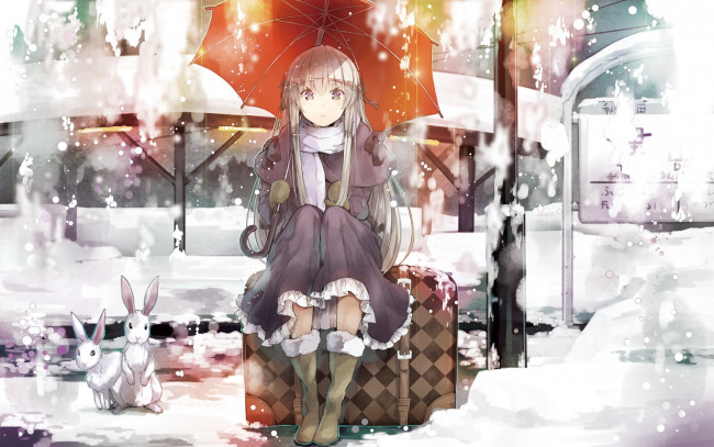 Обои картинки фото аниме, yosuga, no, sora, kasugano, девушка, платье, карие, глаза, сидит, серебряные, волосы, зонт, снег