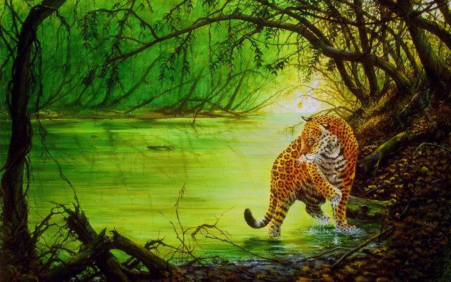 Обои картинки фото рисованные, животные, ягуары, леопарды, деревья, вода, ягуар