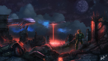 Картинка halo видео игры летательный аппарат постапокалипсис планета хаос солдат арт