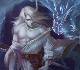 Картинка фэнтези существа волосы белые мускулы дракон парень рога