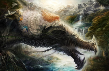 Картинка фэнтези красавицы+и+чудовища полет водопад природа дракон девушка