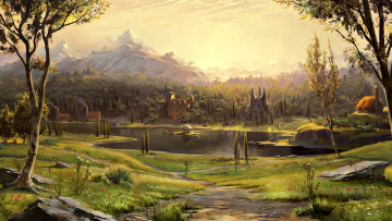Картинка фэнтези пейзажи горы лес селение река долина мир иной