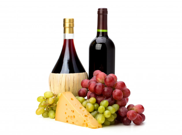 Обои картинки фото еда, разное, бутылки, сыр, вино, виноград