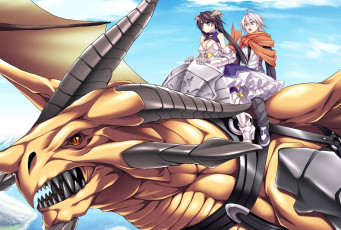 Картинка аниме животные +существа полет дракон парень девочка