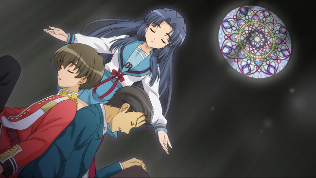 Обои картинки фото аниме, the melancholy of haruhi suzumiya, девушка, парни, taniguchi, asakura, ryouko, kunikida