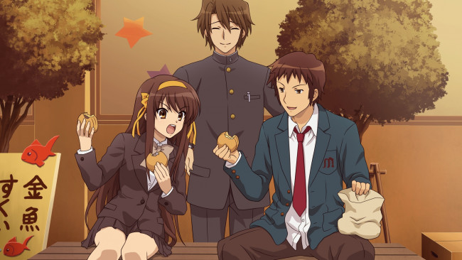 Обои картинки фото аниме, the melancholy of haruhi suzumiya, парни, suzumiya, haruhi, kyon, koizumi, itsuki, девушка, еда