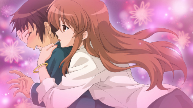 Обои картинки фото аниме, the melancholy of haruhi suzumiya, рыжая, девушка, парень, kyon, браслет, asahina, mikuru