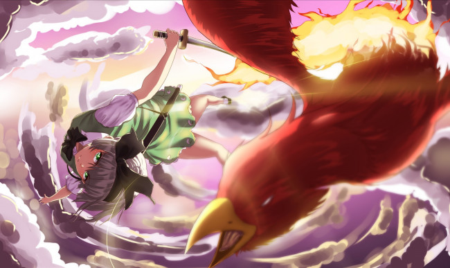 Обои картинки фото аниме, touhou, арт, hk-zxd0554, меч, взгляд, облака, птица, небо, девушка, konpaku, youmu