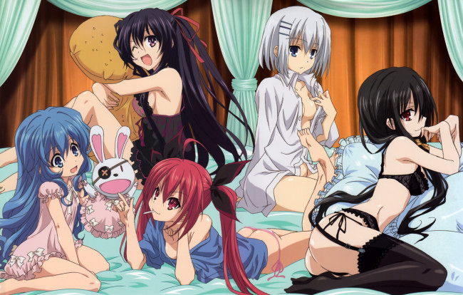 Обои картинки фото аниме, date a live, itsuka, kotori, tobiichi, origami, tokisaki, kurumi, yatogami, tohka, yoshino, девушки, кровать, подушка, игрушка, компания, нижнее, белье, пеньюар, лента, бант, рубашка, шторы, комната