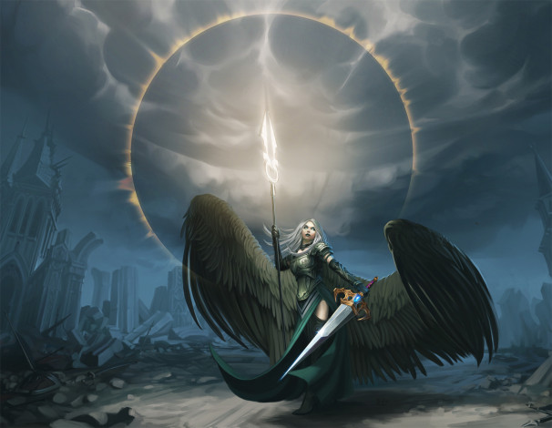 Обои картинки фото фэнтези, ангелы, avacyn, ангел, меч, крылья, девушка, арт