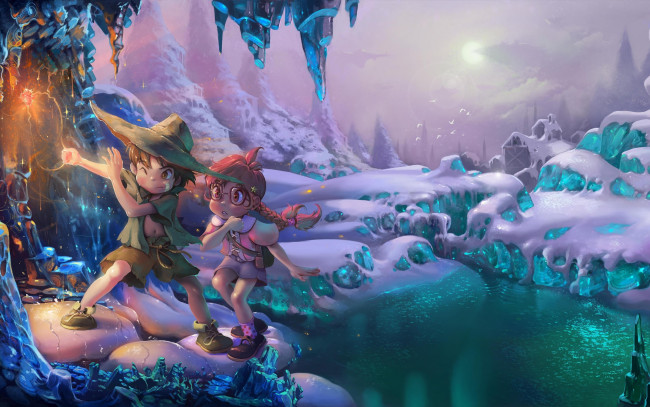 Обои картинки фото рисованное, дети, девочка, мальчик, зима, волшебство, магия, пещера