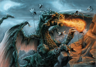 Картинка фэнтези драконы дракон девушки пламя цепь