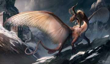 Картинка фэнтези существа существо чудовище замок рога крылья