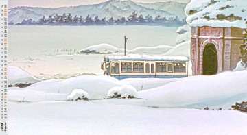 Картинка календари рисованные +векторная+графика автобус снег гора