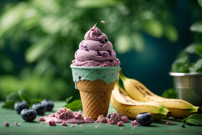 Обои картинки фото еда, мороженое,  десерты, черника, банан