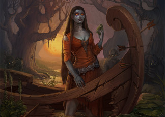 Картинка фэнтези существа девушка нежить ладья лес лягушка