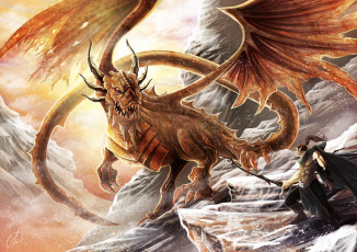 Картинка фэнтези драконы воин эльф лук горы