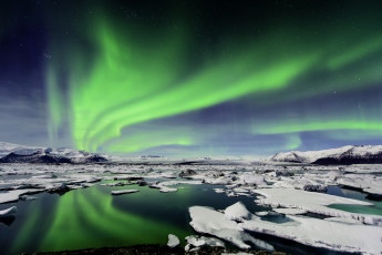 обоя iceland, природа, северное, сияние, горы, исландия, льдины
