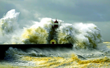 Картинка sea storm природа стихия маяк мол пена волны шторм океан