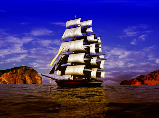 Обои картинки фото корабли, 3d, парусник, море