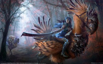 Картинка randis+albion фэнтези красавицы+и+чудовища существо птица девушка погоня лес randis albion меч оружие