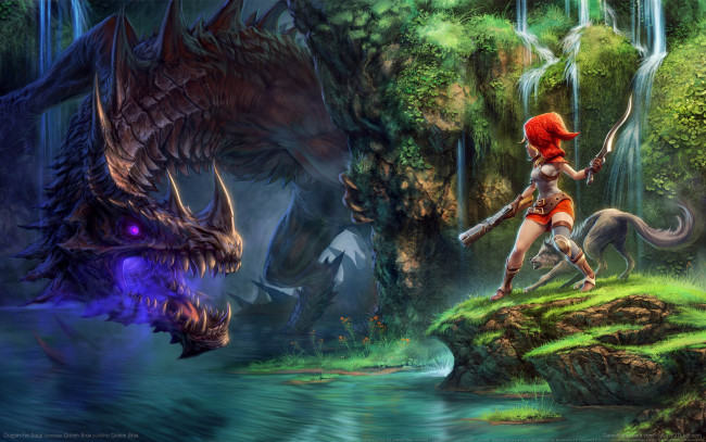 Обои картинки фото dragon fin soup, видео игры, дракон, природа, водопад, dragon, fin, soup, девушка, волк, река