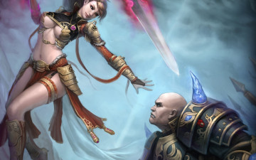 Картинка фэнтези девушки битва оружие мужчина броня девушка арт