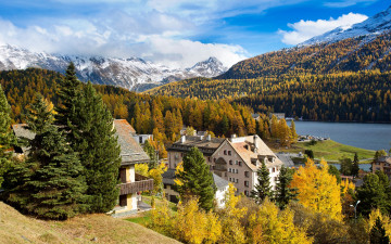 Картинка города -+пейзажи дома река лес горы st moritz осень швейцария