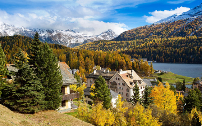 Обои картинки фото города, - пейзажи, дома, река, лес, горы, st, moritz, осень, швейцария