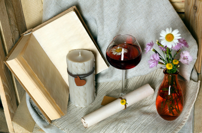 Обои картинки фото еда, напитки,  вино, цветы, книга, свеча