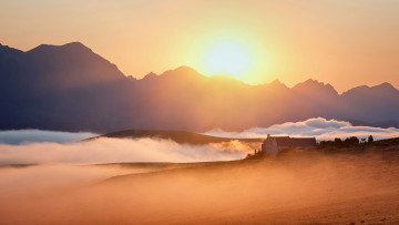 Картинка природа восходы закаты поле туман закат пейзаж