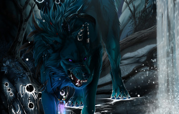 обоя рисованное, животные,  волки, art, wolfroad, волк, черный, клыки, водопад