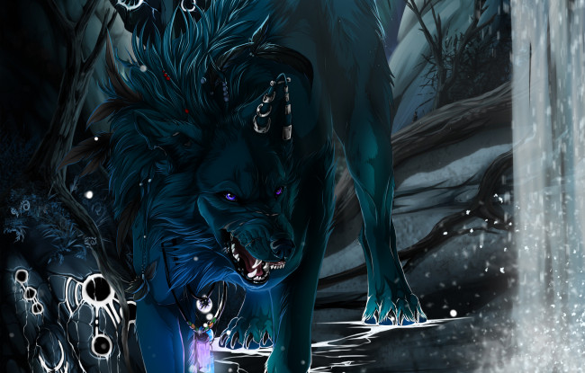 Обои картинки фото рисованное, животные,  волки, art, wolfroad, волк, черный, клыки, водопад