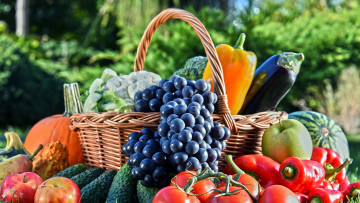 обоя еда, фрукты и овощи вместе, перец, огурцы, виноград