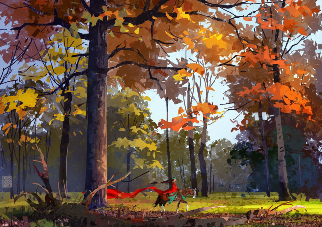 Обои картинки фото рисованное, люди, лес, осень, всадница