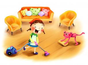 обоя рисованное, дети, девочка, пылесос, мебель, мишка, уборка
